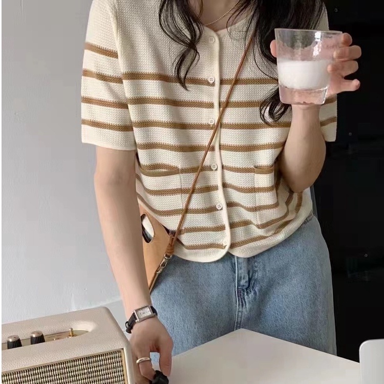 Áo cardigan dệt kim ZHELIHANGFEI tay ngắn cổ tròn kẻ sọc đơn giản trẻ trung