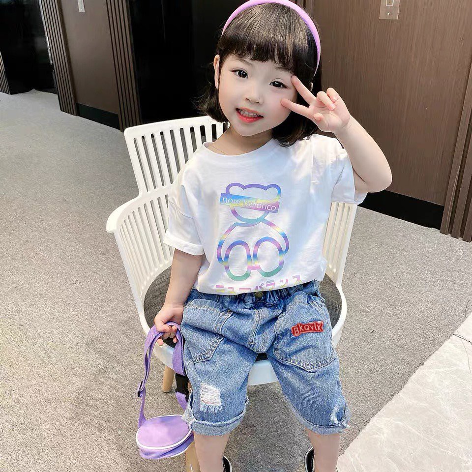Bộ đồ bé gái Con Xinh cotton gấu phản quang, set quần áo trẻ em 5 đến 14 tuổi