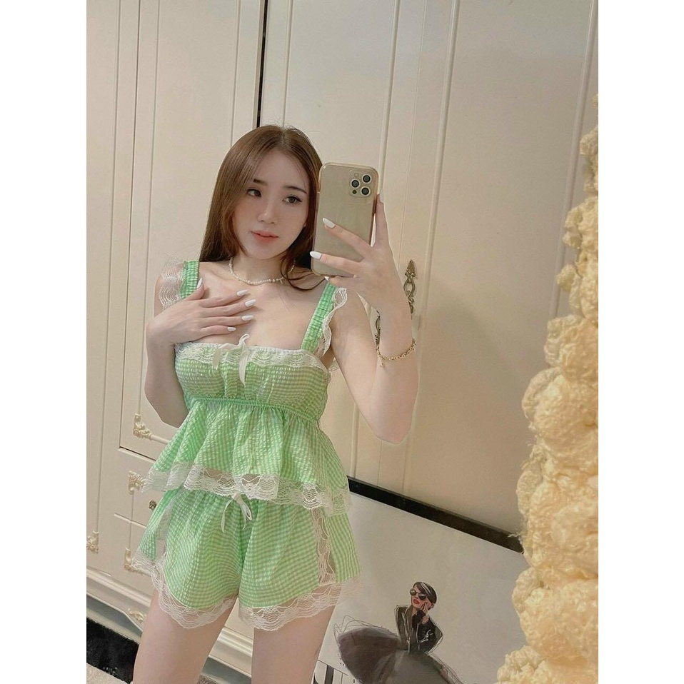 Set bộ xốp caro phối ren  hàng loại 1 chất đẹp siêu dễ thương