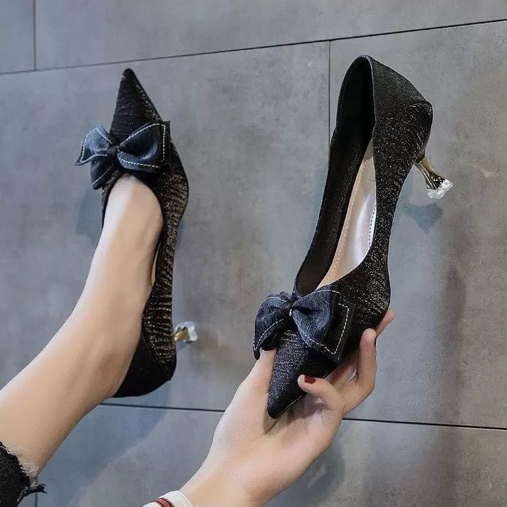 Giày cao gót nữ đính nơ thanh lịch thời trang 2021