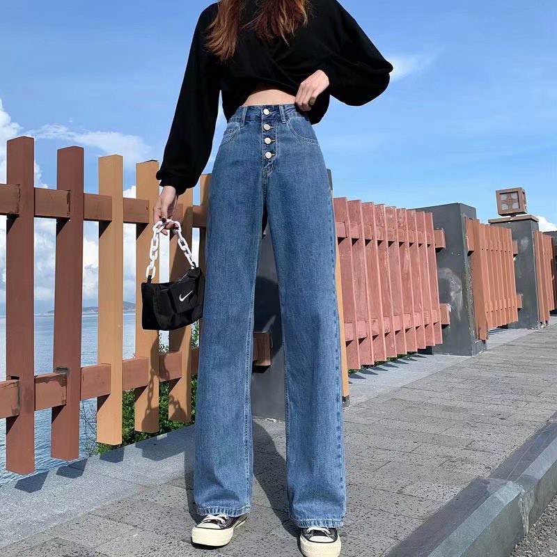 Quần Jeans Dài Lưng Cao Ống Rộng Thời Trang Hàn Cho Nữ