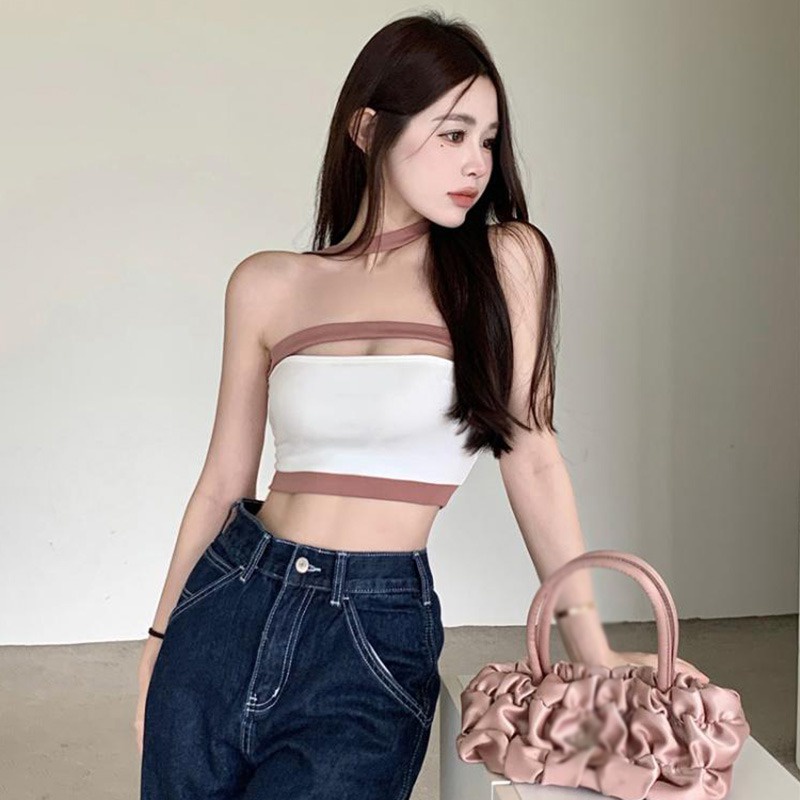 Áo Lửng Hai Dây Màu Sắc Tương Phản Quyến Rũ Phong Cách Hàn Quốc Dành Cho Nữ