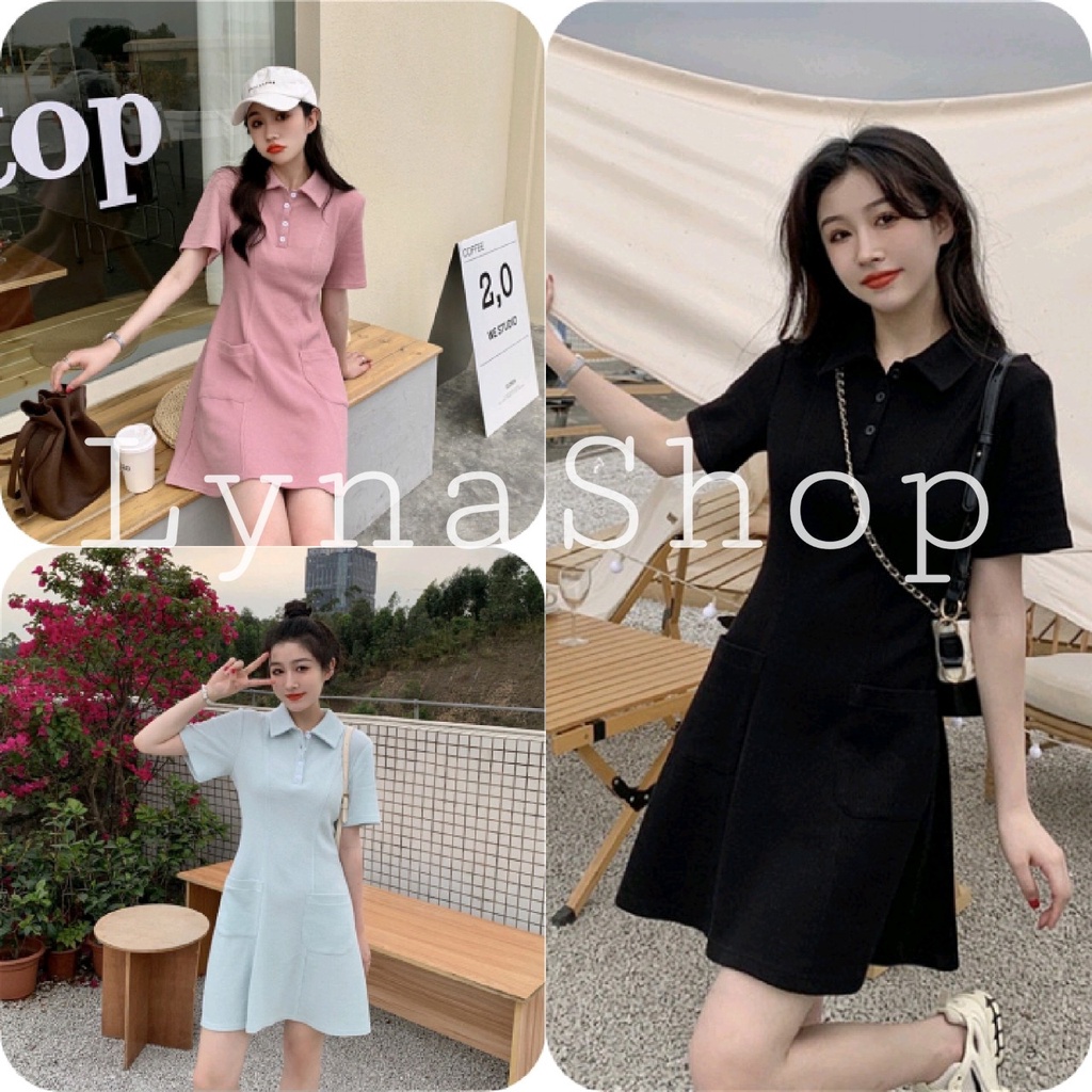Đầm Polo Nữ Túi Trước Cộc Tay 🦋 Váy Nữ Triết Eo Ngắn Tay Cổ Bẻ 3 Màu 🦋