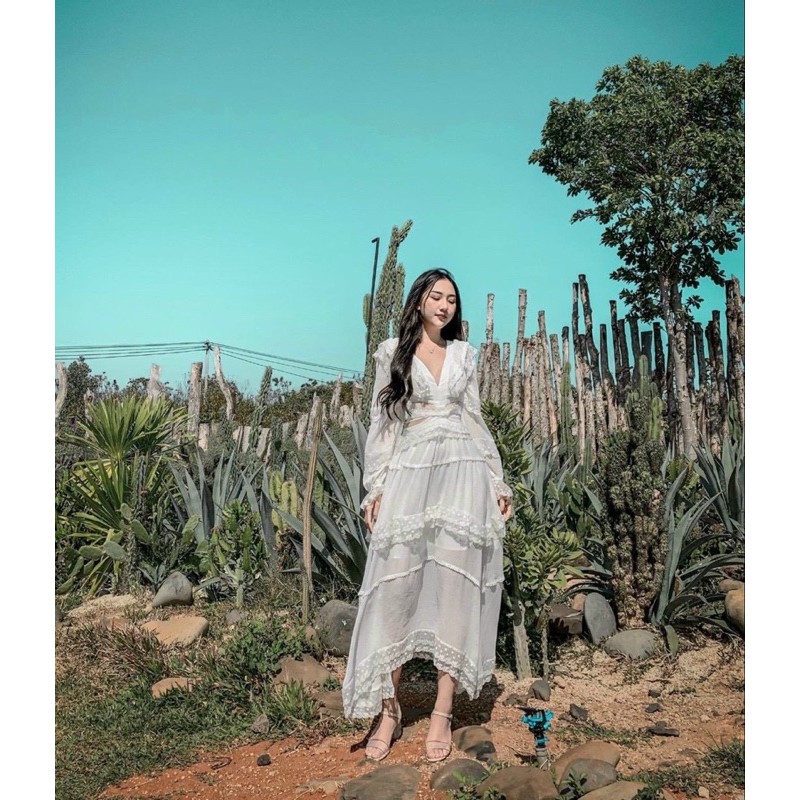 Đầm maxi trắng phối ren đan lưng [ FREESIZE DƯỚI 55KG] nhẹ nhàng nữ tính | BigBuy360 - bigbuy360.vn