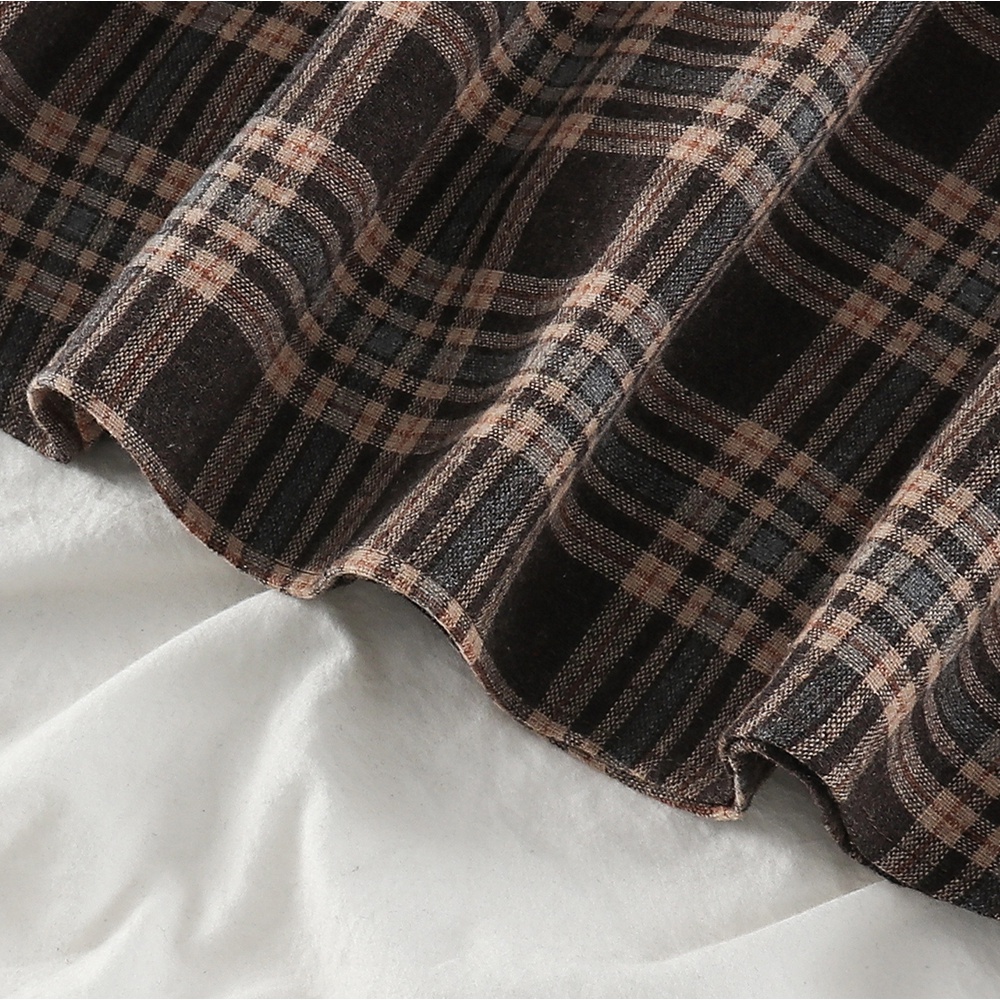 NUZIRO  Chân váy chữ A lưng cao dài đến bắp chân chất liệu len họa tiết sọc caro phong cách retro Hàn Quốc