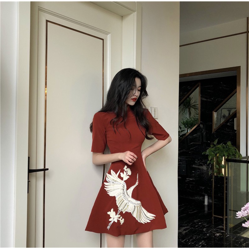 (Sẵn XL) Đầm xoè cổ tàu đính hạc (ảnh thật) | BigBuy360 - bigbuy360.vn