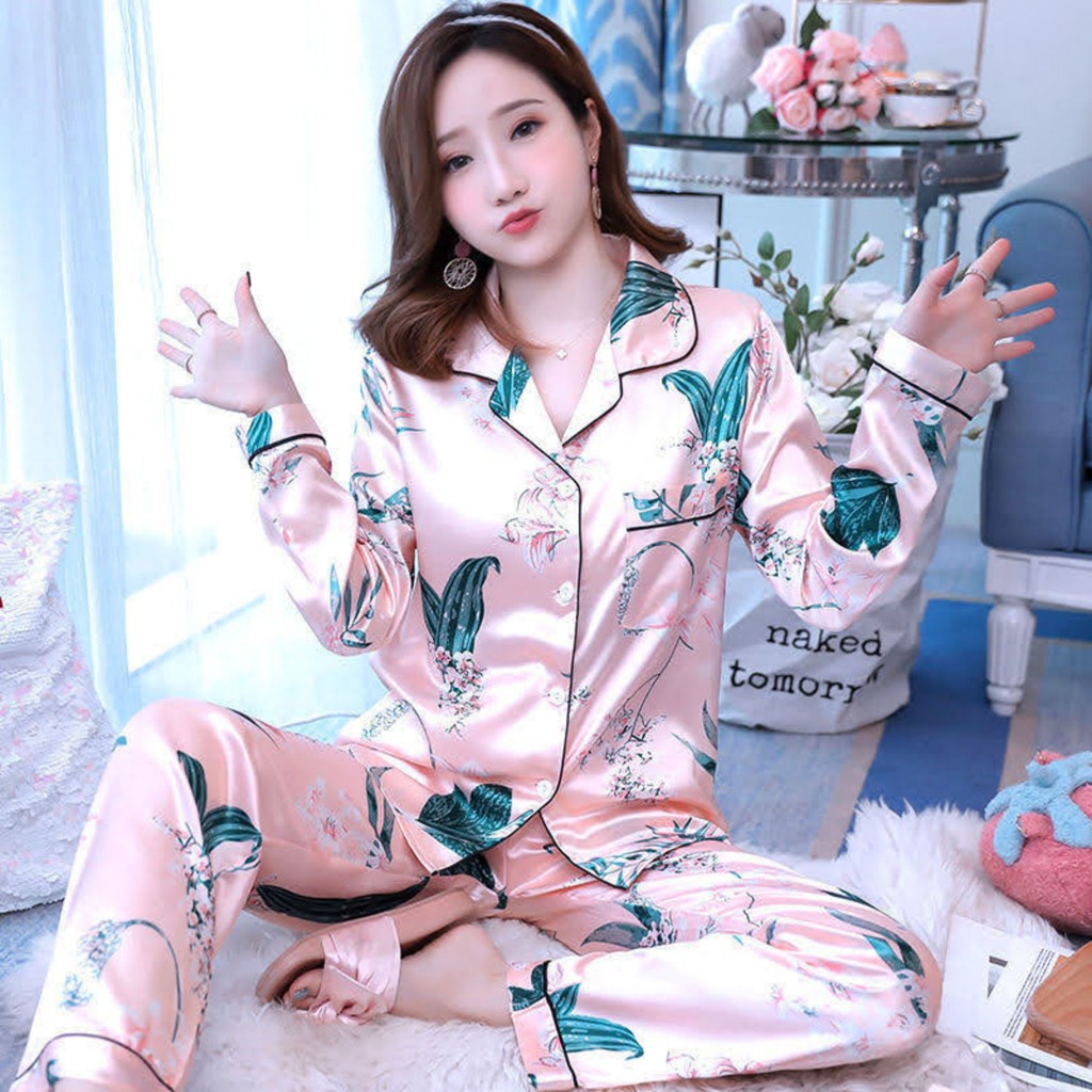 Đồ bộ pijama lụa satin cao cấp quần dài áo tay dài hoạ tiết sinh động sang trọng mặc ngủ mặc nhà