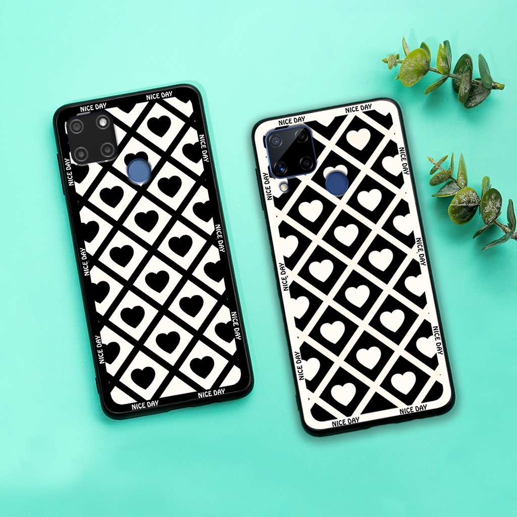 Ốp lưng Realme C12 - Realme C15 in hoạ tiết caro trái tim đen trắng, gấu bear cute đáng yêu