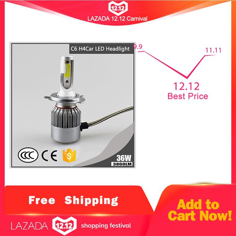 2 Đèn Pha Led 6000k 36w 3800lm C6 Cho Xe Hơi