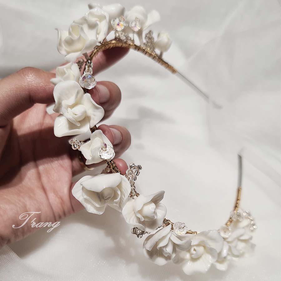 Bờm cài tóc cô dâu hoa trắng pha lê cườm Nhật-hàng thiết kế