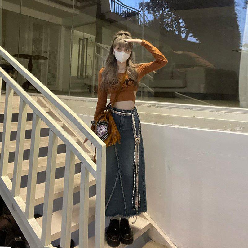 Chân Váy Denim Dài Dáng Chữ A Lưng Cao Viền Rách Màu Xanh Dương Retro Mỹ Dễ Phối Đồ Cho Nữ