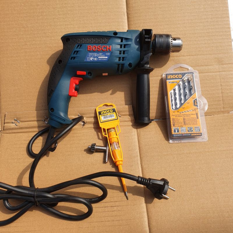MÁY KHOAN TƯỜNG, SẮT, GỖ BOSCH KHOAN 13 LY - tặng bộ mũi betong hợp kim và 1 vít thử điện