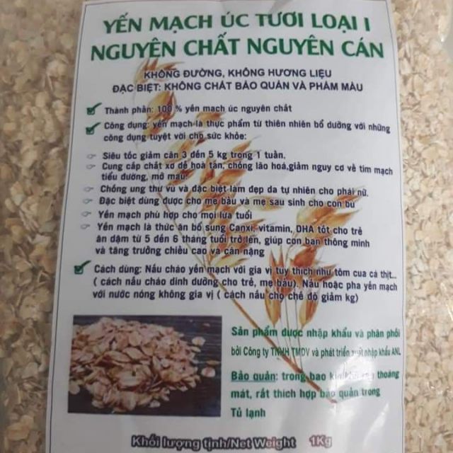 500g YẾN MẠCH Úc tươi loại 1( nguyên chất , nguyên cán)