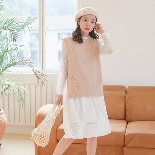 [Sẵn] Set váy ren trắng áo gile len