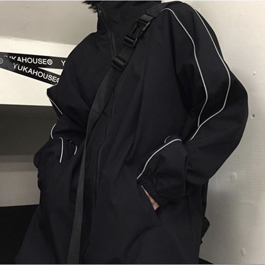 Áo Khoác Dù ĐEN TRƠN VIỀN ÁO PHẢN QUANG khoác ngoài form rộng chống nắng unisex nam nữ