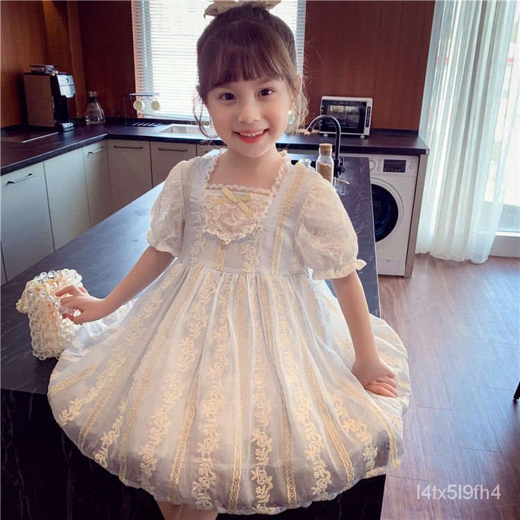 Cô Gái Đầm 2021Mới Trẻ Em Hàn Quốc Áo Ren Tay Phồng Công Chúa Cô Bé Váy