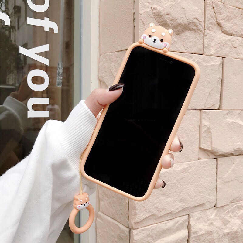 Ốp Lưng iPhone XsMax Silicon Thú Leo Shiba Inu kèm móc đeo