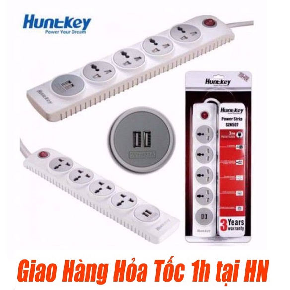 Ổ Cắm Điện Đa Năng Huntkey SZN507 4 Chân/2 USB Chống Sét Dây Dài 3m - Hàng Chính Hãng