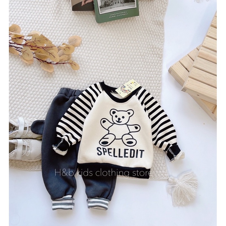 Bộ thun nỉ bông siêu ấm họa tiết gấu cho bé trai từ 8-20kg