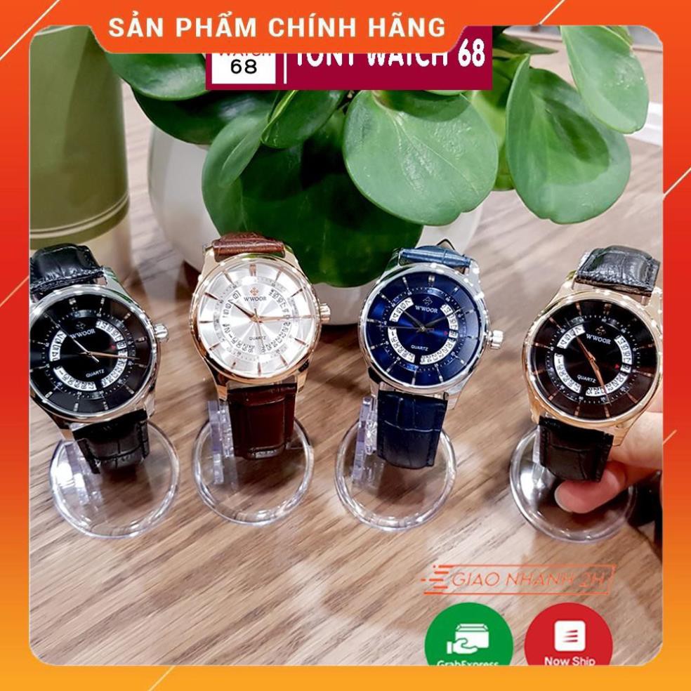 Hot!!! Đồng hồ nam Wwoor dây da mặt tròn có lịch chính hãng Tony watch 68 giá re