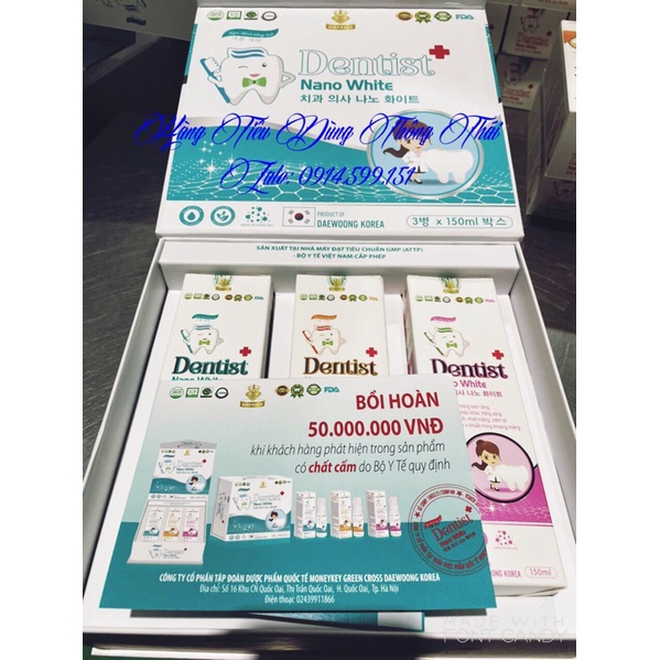KEM ĐÁNH RĂNG TẠO BỌT DENTIST NANO WHITE HỘP 3 LỌ 150ML GIÚP NGỪA SÂU RĂNG, BONG MẢNG BÁM, SẠCH RĂNG MIỆNG.p
