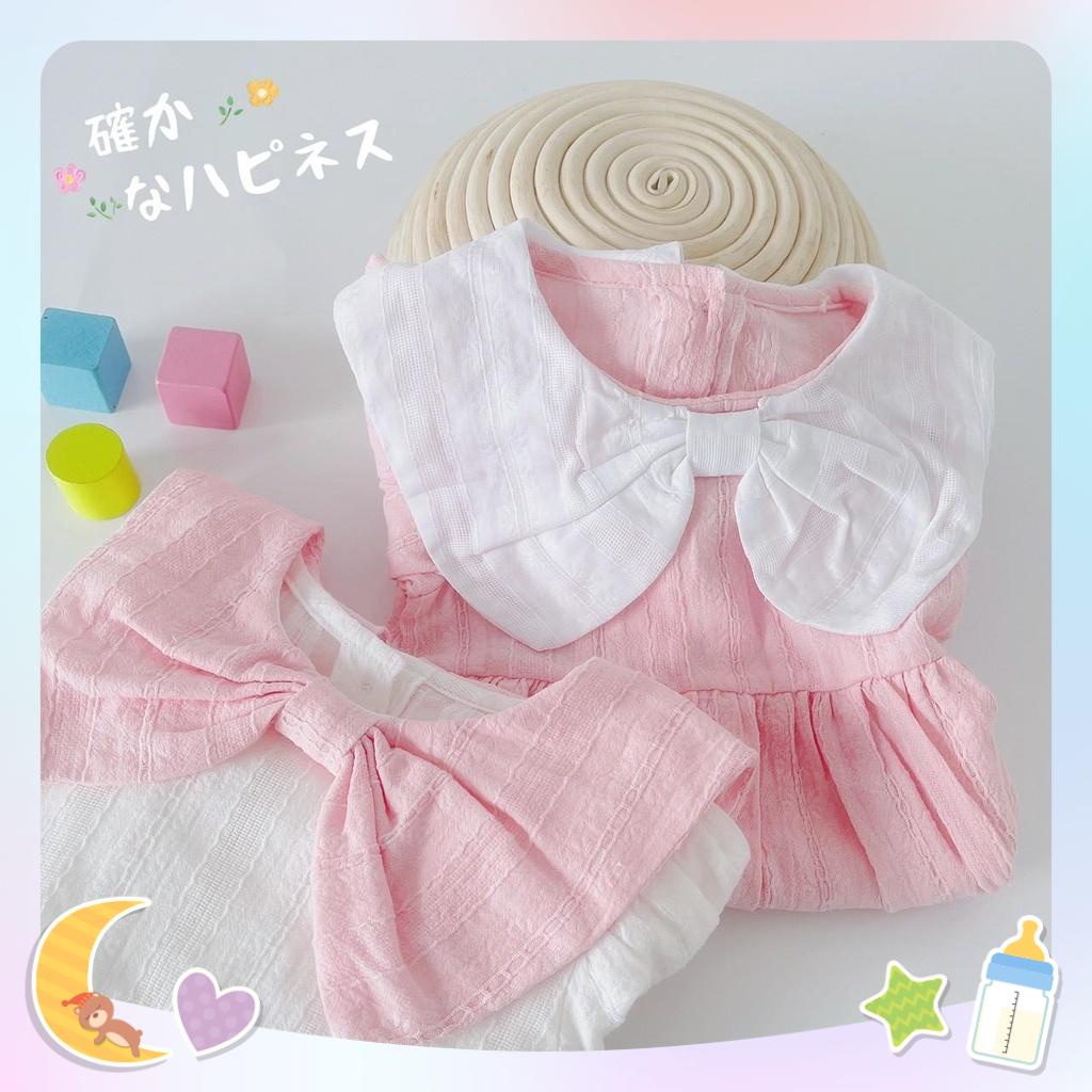 9-20kg  Váy thu dài tay phối nơ cổ hồng trắng cho bé gái siêu xinh chất liệu thô mềm mozikids