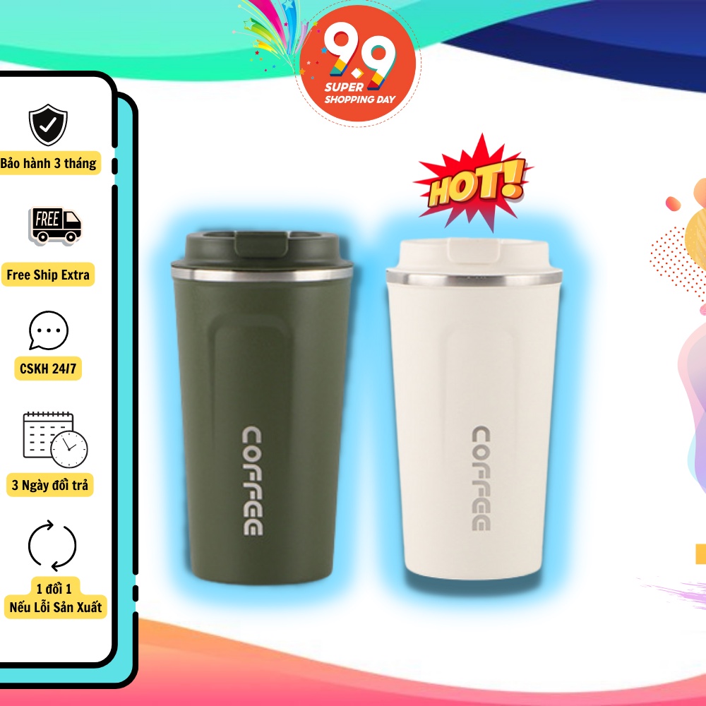 Cốc giữ nhiệt 6-12 tiếng Họa tiết Coffe 500ml Cầm tay tiện lợi , đế doăng cao su