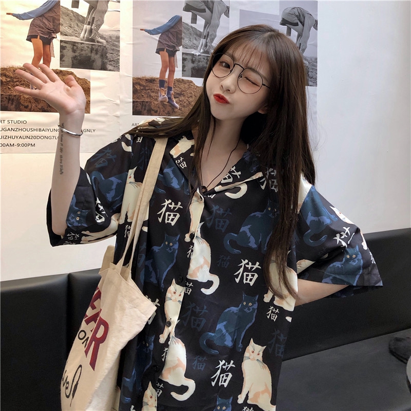 SUXI Áo Sơ Mi Ngắn Tay In Hình Mèo Xinh Xắn