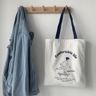 Túi tote vải canvas đeo vai Comfortable Life phong cách Hàn Quốc, có khoá zip kéo đựng được A4, phù hợp đi học, đi làm