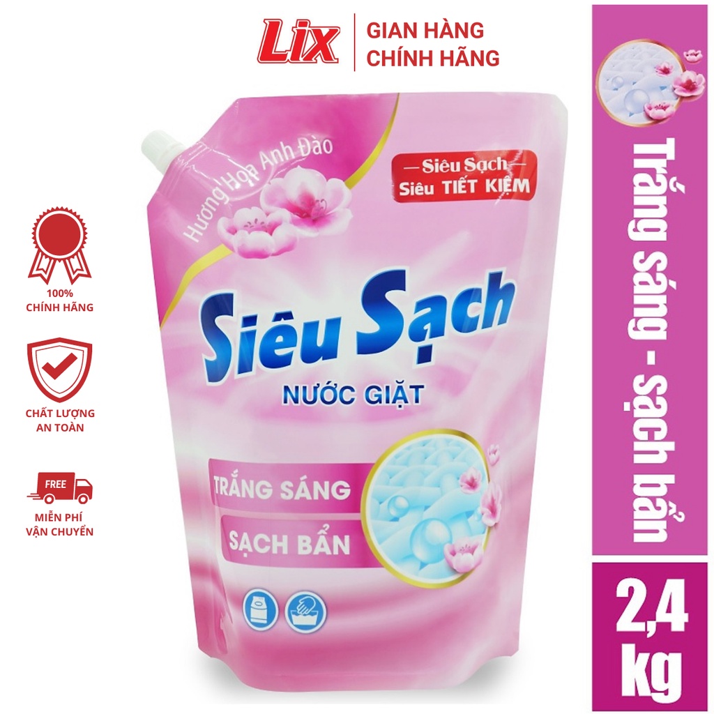 Nước giặt Lix đậm đặc hương hoa anh đào túi 2.4Kg N2503 làm sạch cực nhanh vết bẩn, tăng gấp đôi sức mạnh giặt tẩy