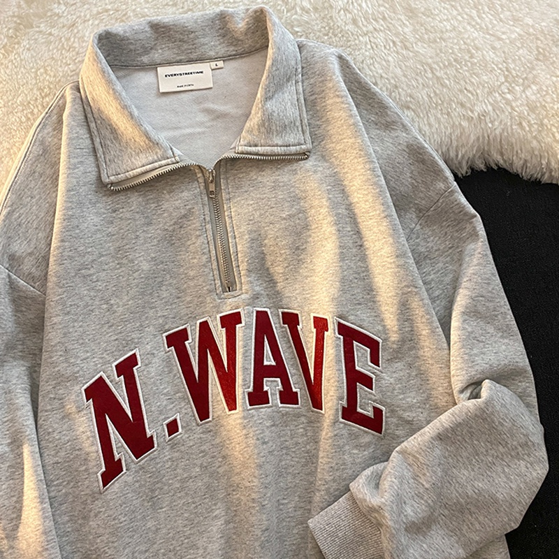 Áo sweater mỏng tay dài cổ cao thêu chữ phong cách harajuku cho nữ/ cặp đôi