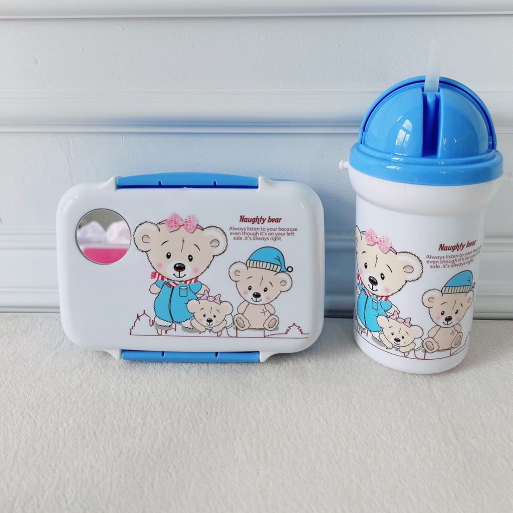 Set Hộp đựng cơm kèm bình nước hình gấu Nauhty Bear 2022 cho bé đi học cho bé trai, gái siêu xinh Nuoiconkieuhan