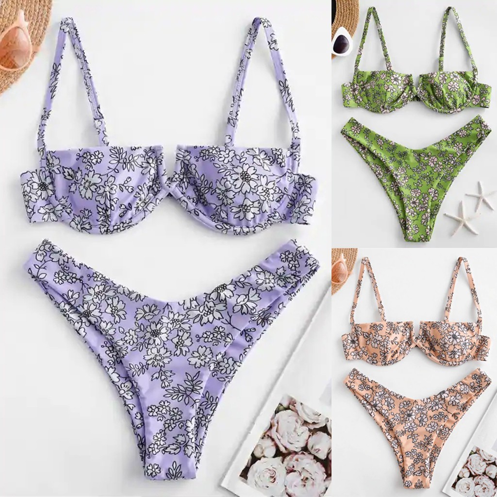Trang phục bikini nữ in hoa eo cao cổ chữ V có dây quyến rũ