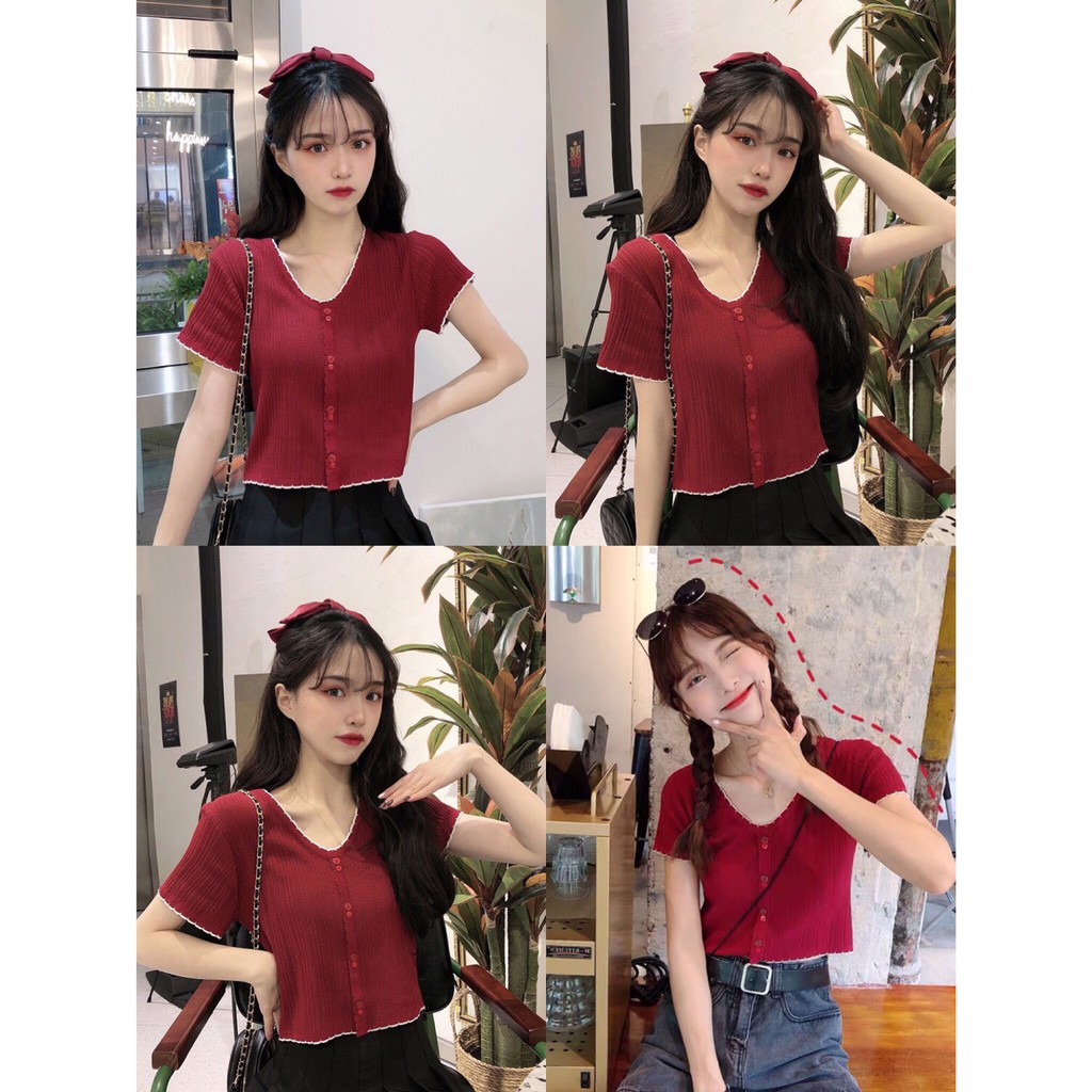 Áo len croptop cúc đôi