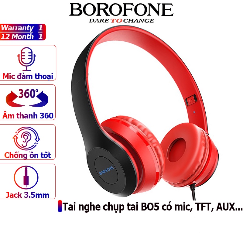 Tai nghe chụp tai BOROFONE BO5 headphone chống ồn nghe hay, dây dài 1.2m, có mic đàm thoại, Jack 3.5mm - Chính hãng