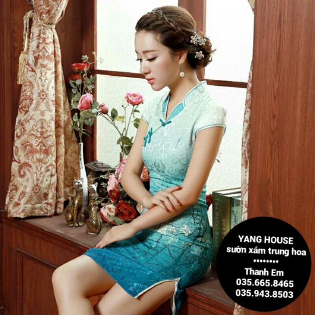 Sườn xám cổ V xinh xinh