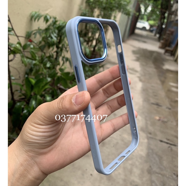 Ốp lưng trong kính viền màu cho iPhone 13 Pro Max viền xanh Siera Blue viền camera bọc nhôm cực đẹp chuẩn màu máy