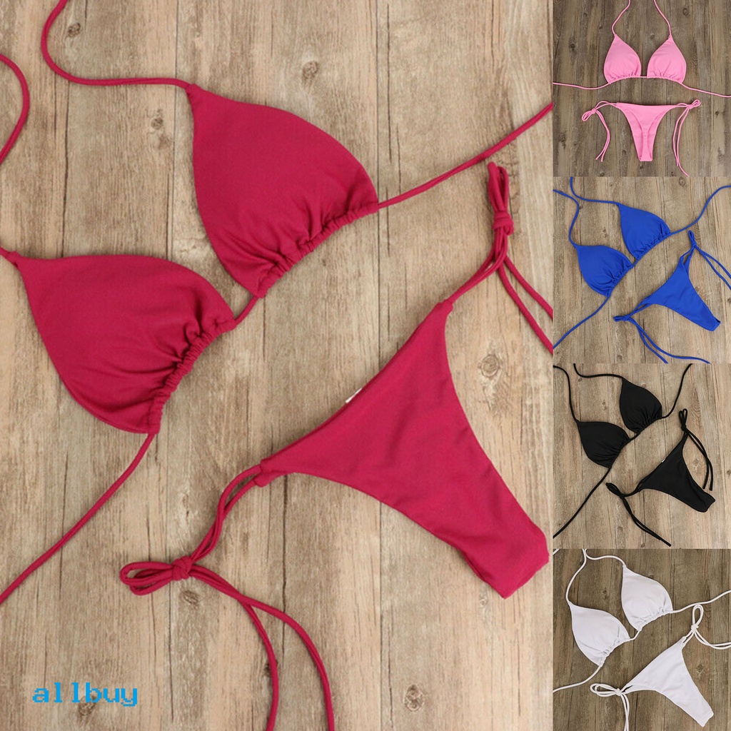 Bộ Bikini 2 Mảnh Màu Trơn Có Dây Đeo Cổ Màu Sắc Đơn Giản Thời Trang Cho Nữ