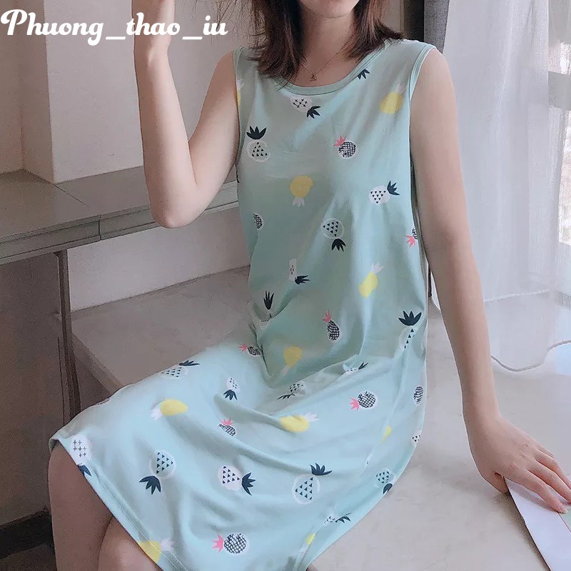 Váy ngủ dáng suông có đệm ngực váy mặc ở nhà mùa hè dễ thương cất thun Cotton mềm mại | BigBuy360 - bigbuy360.vn