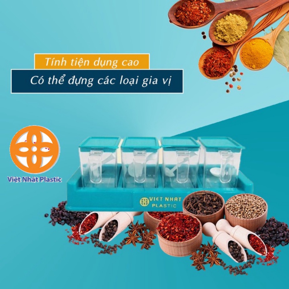 set 4 hũ đựng gia vị nhựa kèm muỗng, hũ gia vị Việt Nhật 2939