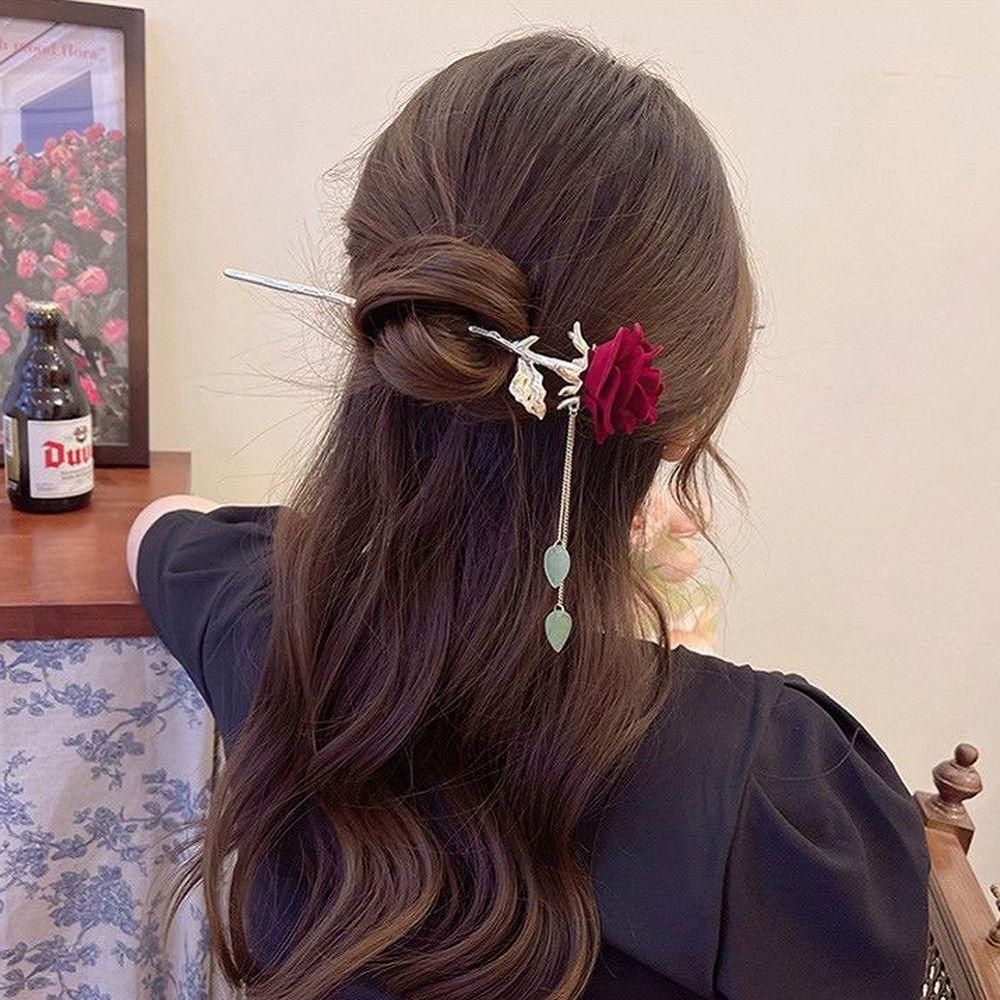 Trâm Cài Tóc Bằng Kim Loại Hình Hoa Hồng Phối Tua Rua Phong Cách Trung Hoa Cổ Điển Cho Nữ