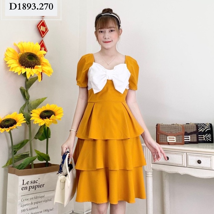 Đầm đi chơi Nhật Vy 3 tầng nơ ngực chiết eo dáng xoè chất cotton màu đỏ, vàng - D1893