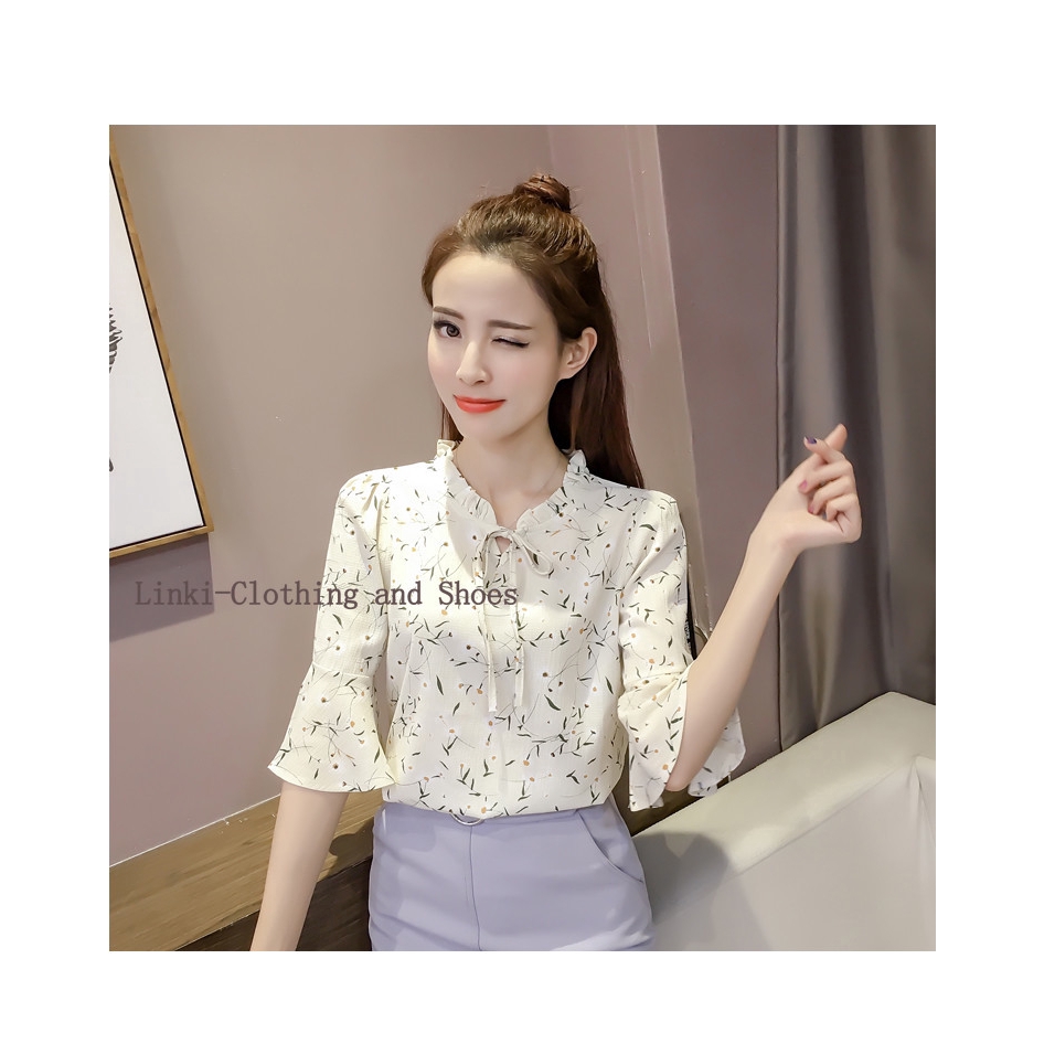 Áo sơ mi chiffon phong cách Hàn Quốc tay loe họa tiết in hoa cho nữ