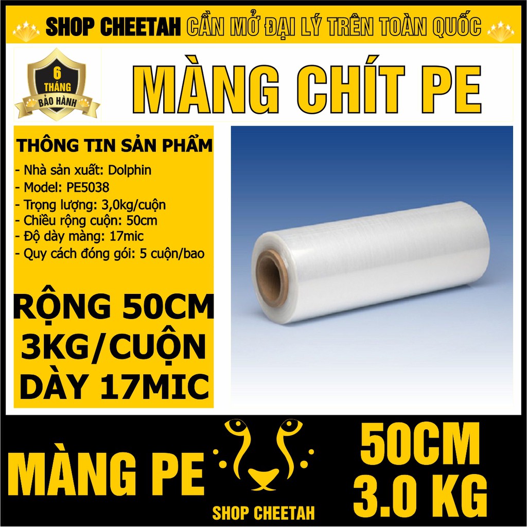 Màng chít PE 3kg*50cm – Màng cuốn pallet – Màng co bọc hàng hóa – Dính và dai chắc – Rộng 50cm x 3kg/cuộn