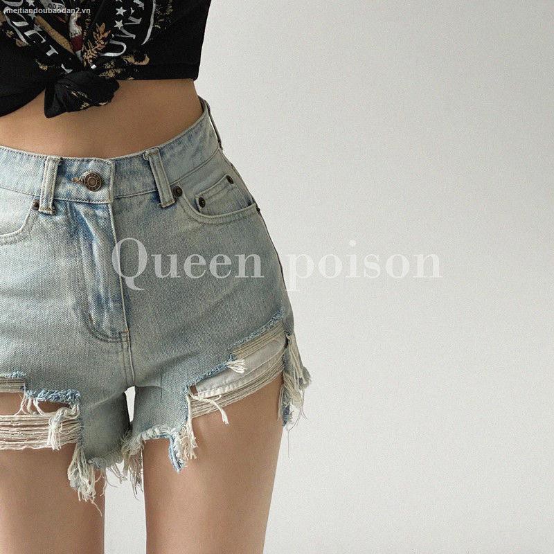 ☊☏European and American ins irregular ripped raw edge denim shorts female 2021 summer new sexy high-waisted thin A-line hot pants