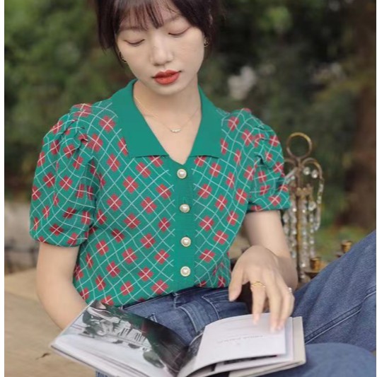 Áo kiểu tay ngắn cổ bẻ họa tiết kẻ sọc ô vuông mẫu 2021 thời trang dành cho nữ | BigBuy360 - bigbuy360.vn