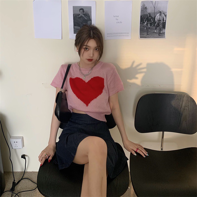 Áo dệt kim ngắn tay họa tiết trái tim đáng yêu dành cho nữ