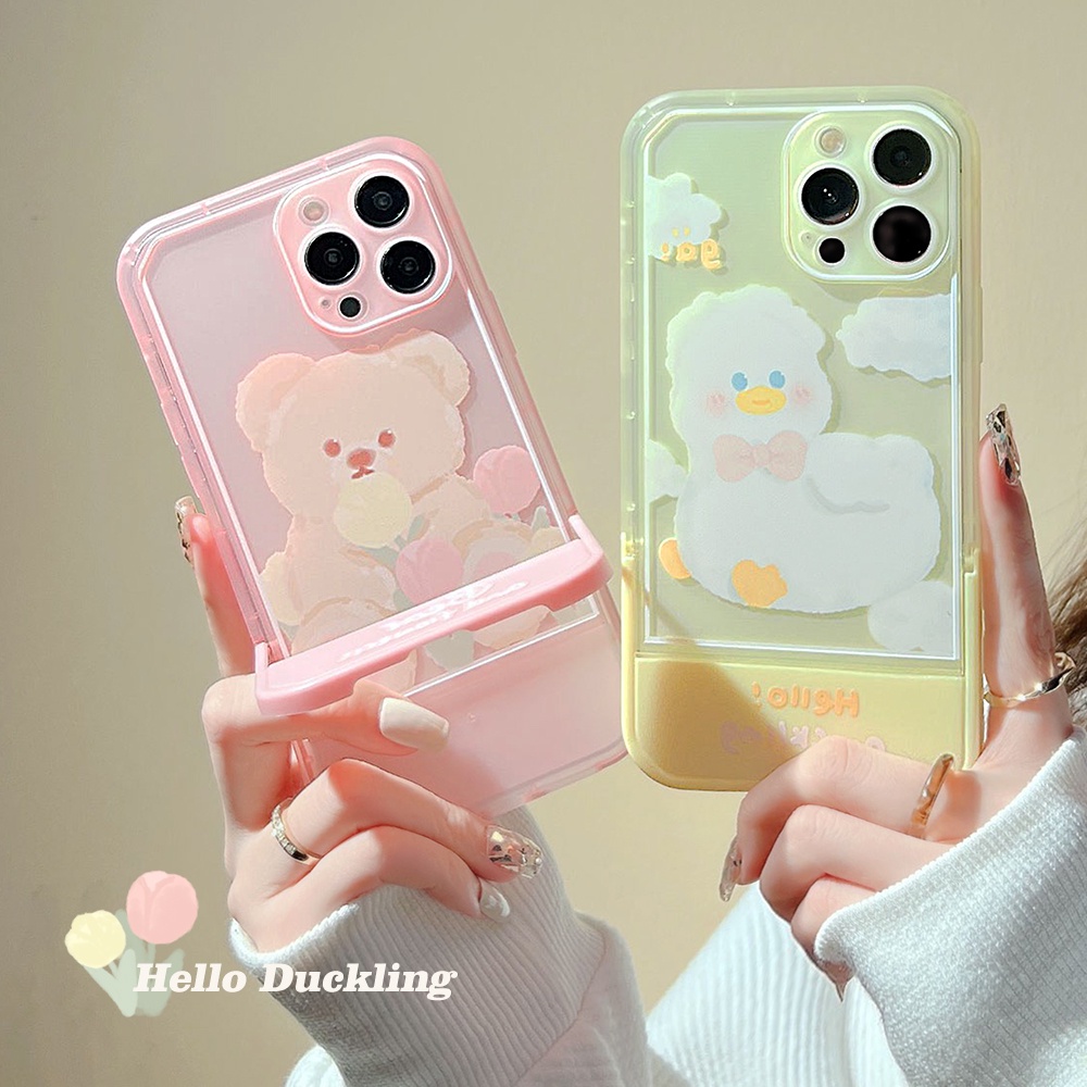Casing For IPhone 13 12 11 7 8 Plus X Xs Xr Pro Max 7+ 8+ SE 2020 Xsmax Promax 13Promax 12Promax 11Promax Stand Cute Cartoon Flower Bear Duck Invisible folding bracket couple friends Phone Back Case Cover TX 03