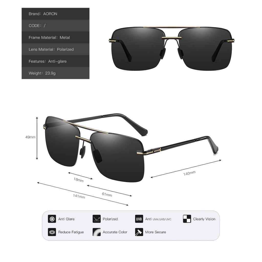 Kính Râm Thời Trang Nam Không Khung Tròng, Mắt Kính Vuông Phân Cực Chống Chói Chống Lóa AK023 - AORON