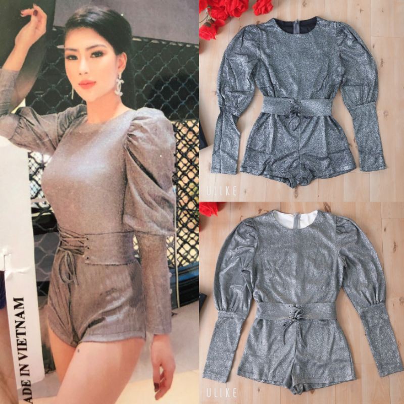 Jumpsuit nhũ kim tuyến tay dài bo phồng đan eo Cao Cấp